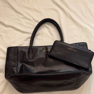 Cole Haan Black Croc-Embossed Leather Tote and Wallet